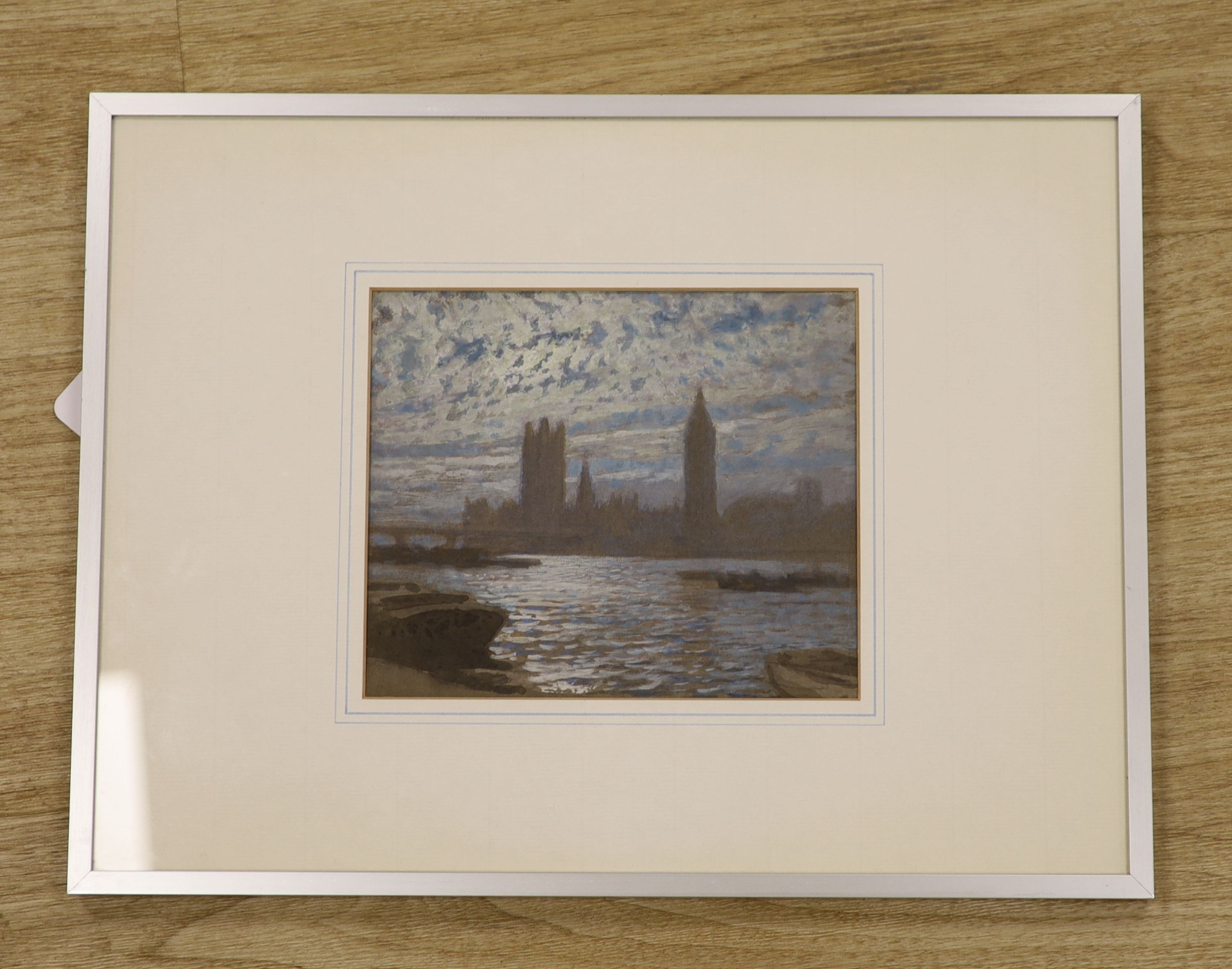 Attributed to Arthur Severn (1842-1931). watercolour, View of the Houses of Parliament and Big Ben over the Thames, unsigned, David Messum label verso, 15cm x 19cm